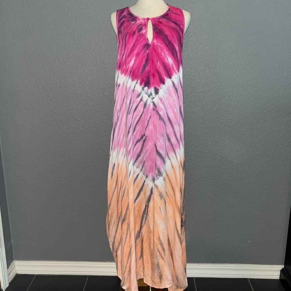 YOUNG FABULOUS & BROKE Boho Bohemian Tie Dye Rainbow Shark Hem MAXI DRESS EUC  M